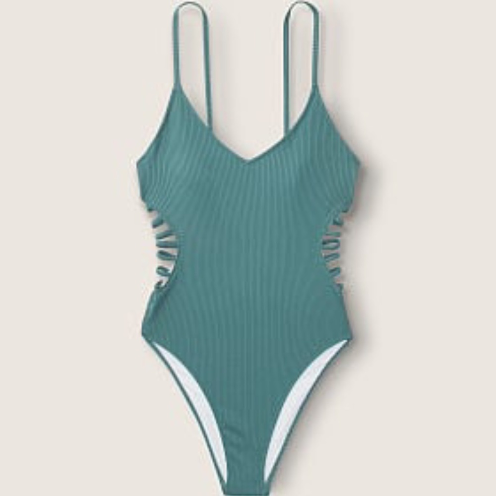 NWT Victoria's Secret PINK Strappy Side Ribbed Blueish One Piece Bathing Suit